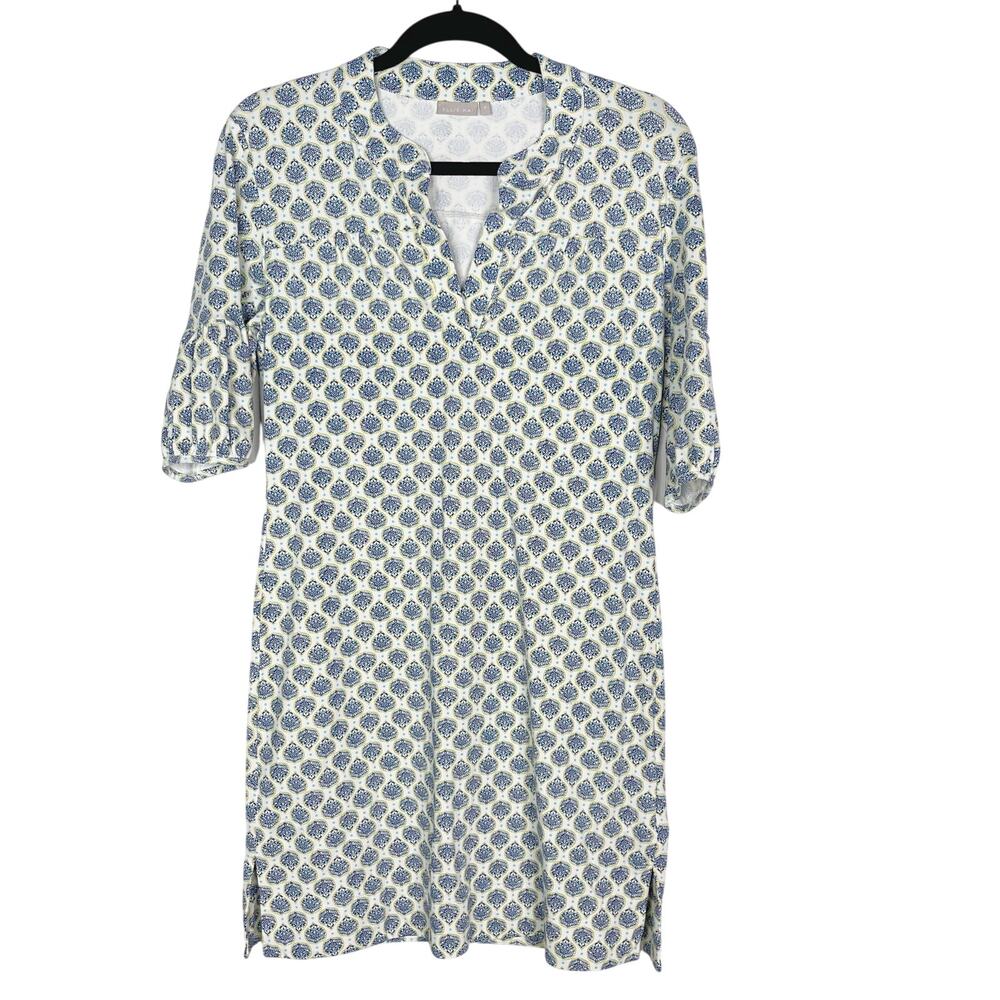 Ellie Kai 6 Blue Yellow White Trellis Paisley Print Split VNeck 3/4 Sleeve Dress